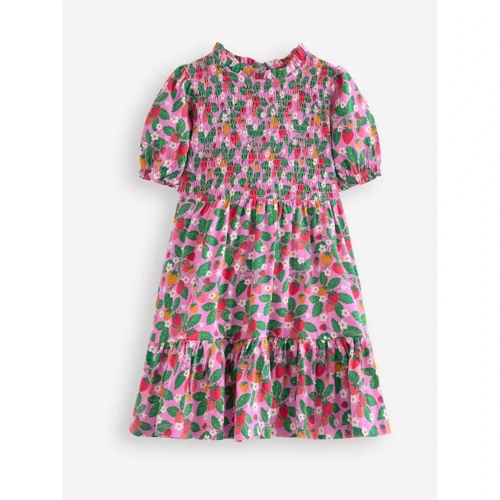 Mini Boden Aurora Strawberry Floral Smocked Dress Puff Sleeve Pink Girls 11-12 Y